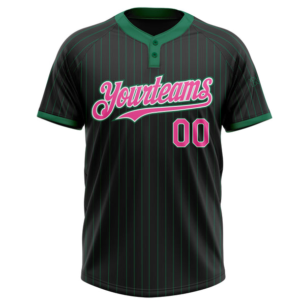 Custom Black Kelly Green Pinstripe Pink-White Two-Button Unisex Softball Jersey