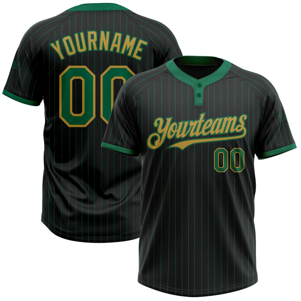 Custom Black Kelly Green Pinstripe Old Gold Two-Button Unisex Softball Jersey