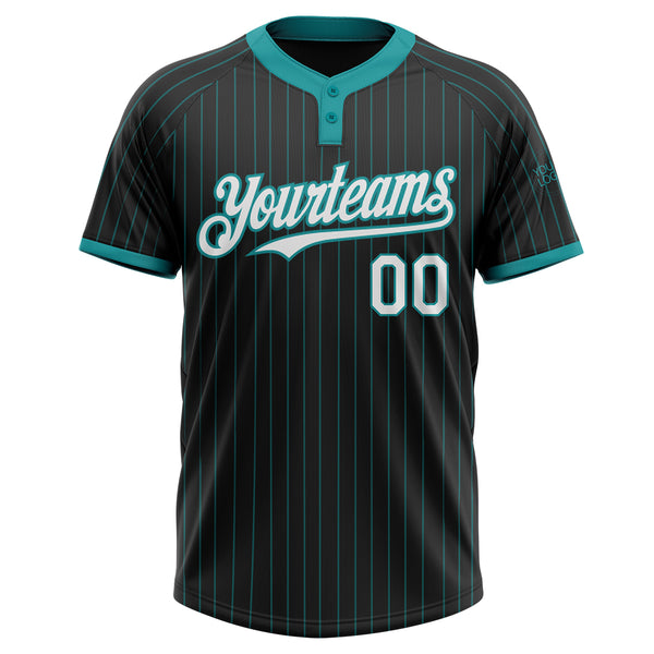 Custom Black Teal Pinstripe White Two-Button Unisex Softball Jersey