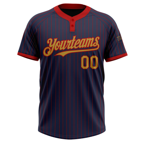 Custom Navy Red Pinstripe Old Gold Two-Button Unisex Softball Jersey