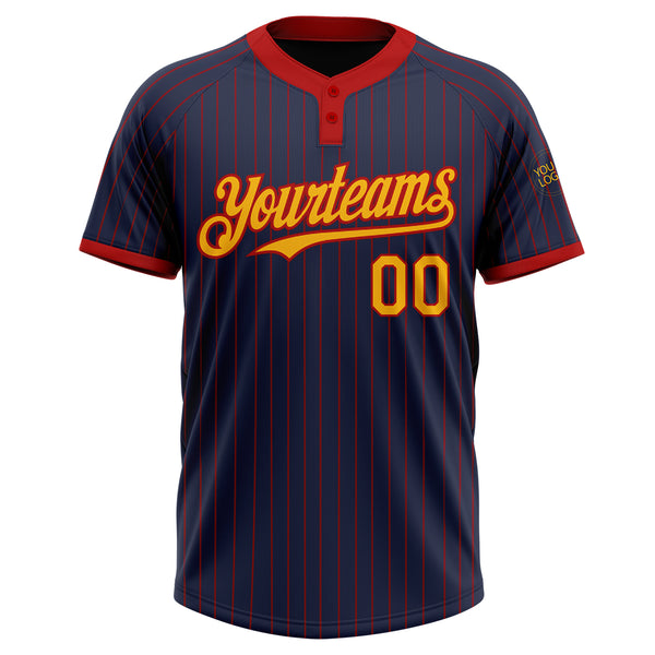 Custom Navy Red Pinstripe Gold Two-Button Unisex Softball Jersey