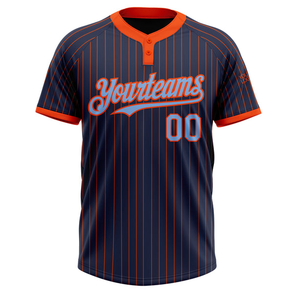 Custom Navy Orange Pinstripe Light Blue Two-Button Unisex Softball Jersey