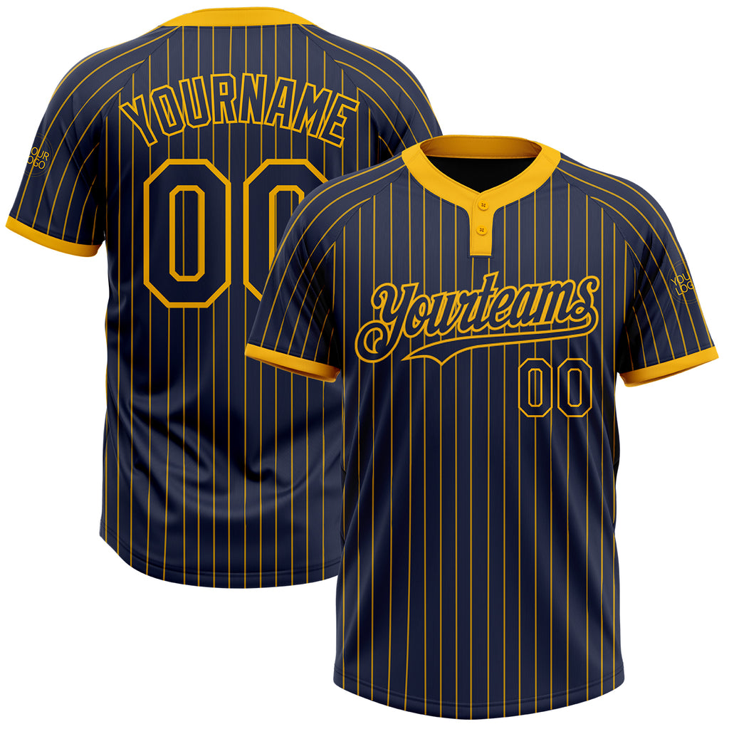 Custom Navy Gold Pinstripe Gold Two-Button Unisex Softball Jersey