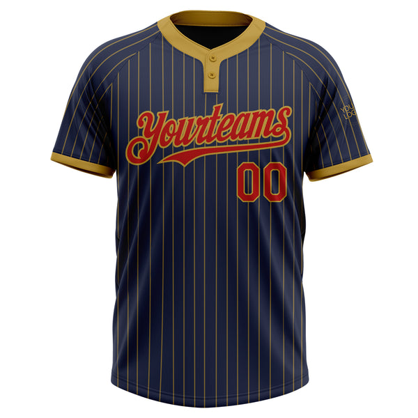 Custom Navy Old Gold Pinstripe Red Two-Button Unisex Softball Jersey