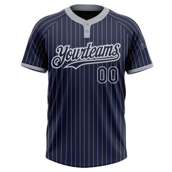 Custom Navy Gray Pinstripe White Two-Button Unisex Softball Jersey