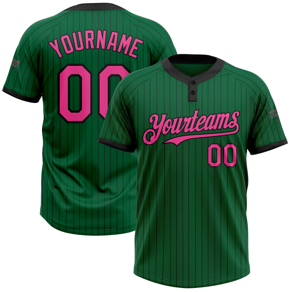 Custom Kelly Green Black Pinstripe Pink Two-Button Unisex Softball Jersey