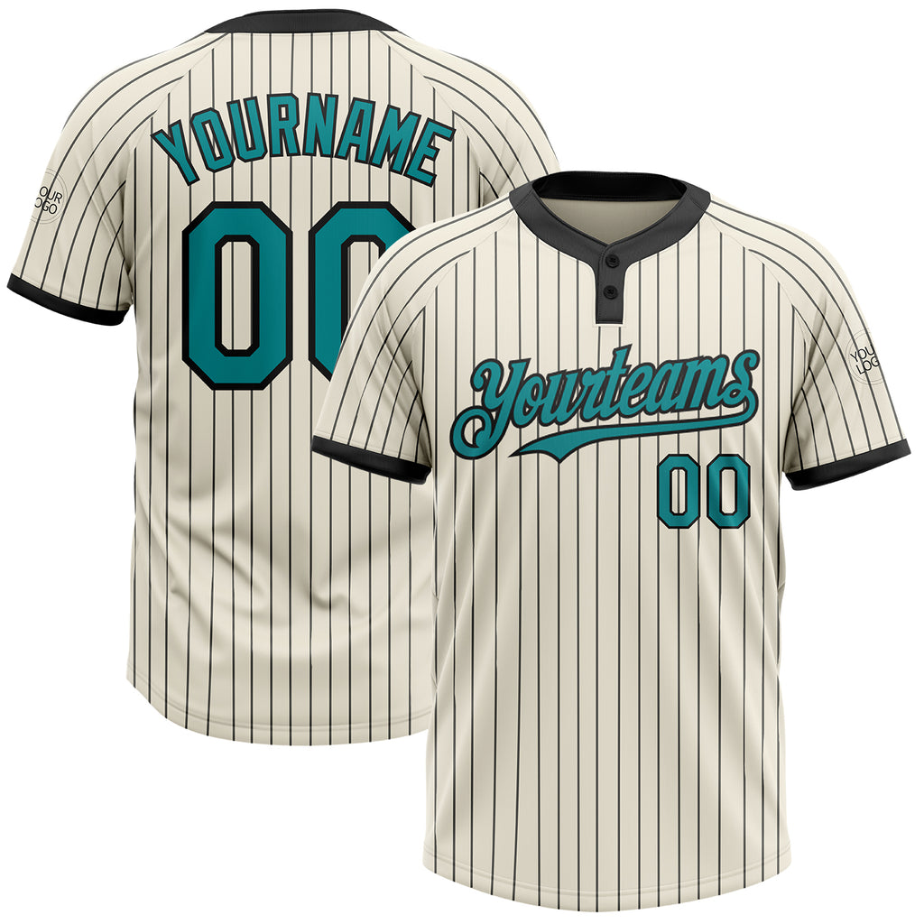 Custom Cream Black Pinstripe Teal Two-Button Unisex Softball Jersey