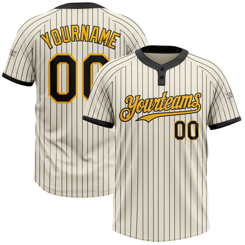 Custom Cream Black Pinstripe Gold Two-Button Unisex Softball Jersey