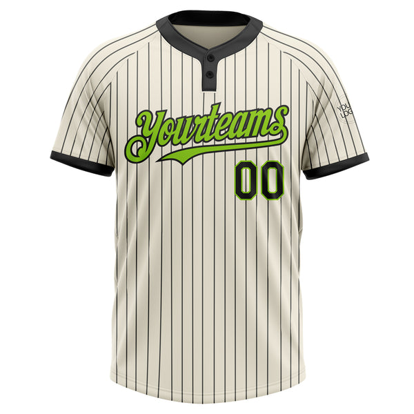 Custom Cream Black Pinstripe Neon Green Two-Button Unisex Softball Jersey