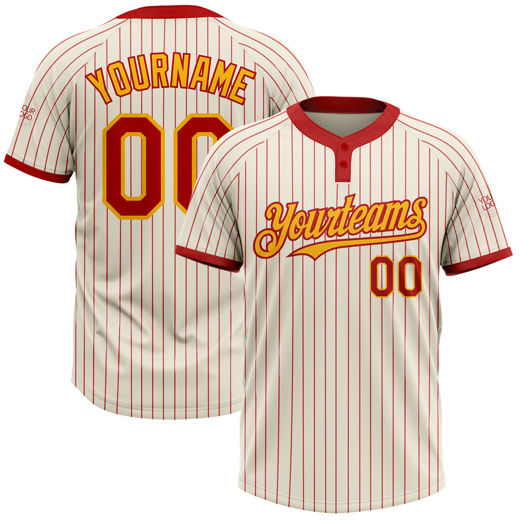 Custom Cream Red Pinstripe Gold Two-Button Unisex Softball Jersey