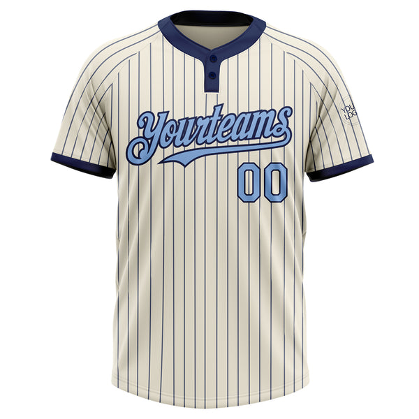 Custom Cream Navy Pinstripe Light Blue Two-Button Unisex Softball Jersey