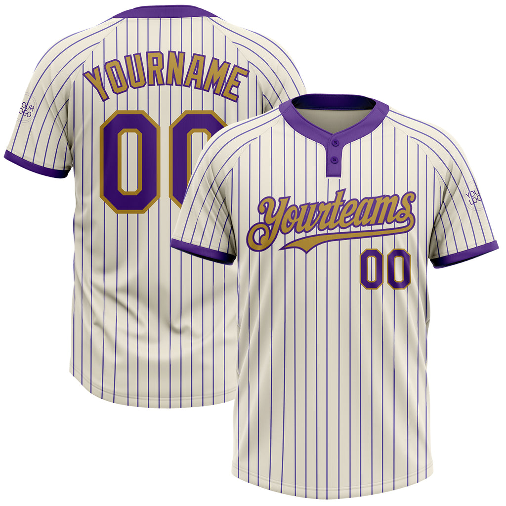 Custom Cream Purple Pinstripe Old Gold Two-Button Unisex Softball Jersey