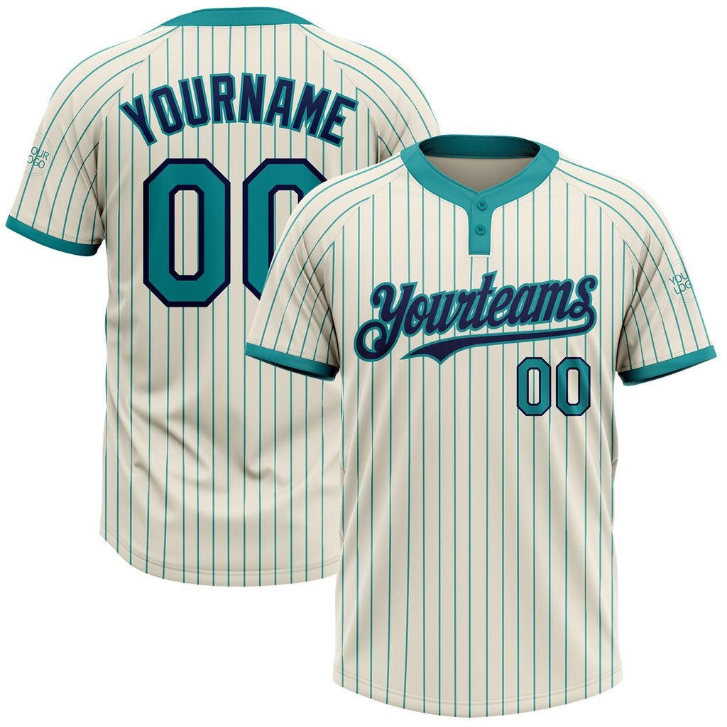 Custom Cream Teal Pinstripe Navy Two-Button Unisex Softball Jersey