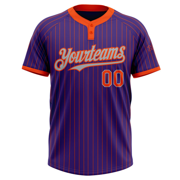Custom Purple Orange Pinstripe Gray Two-Button Unisex Softball Jersey