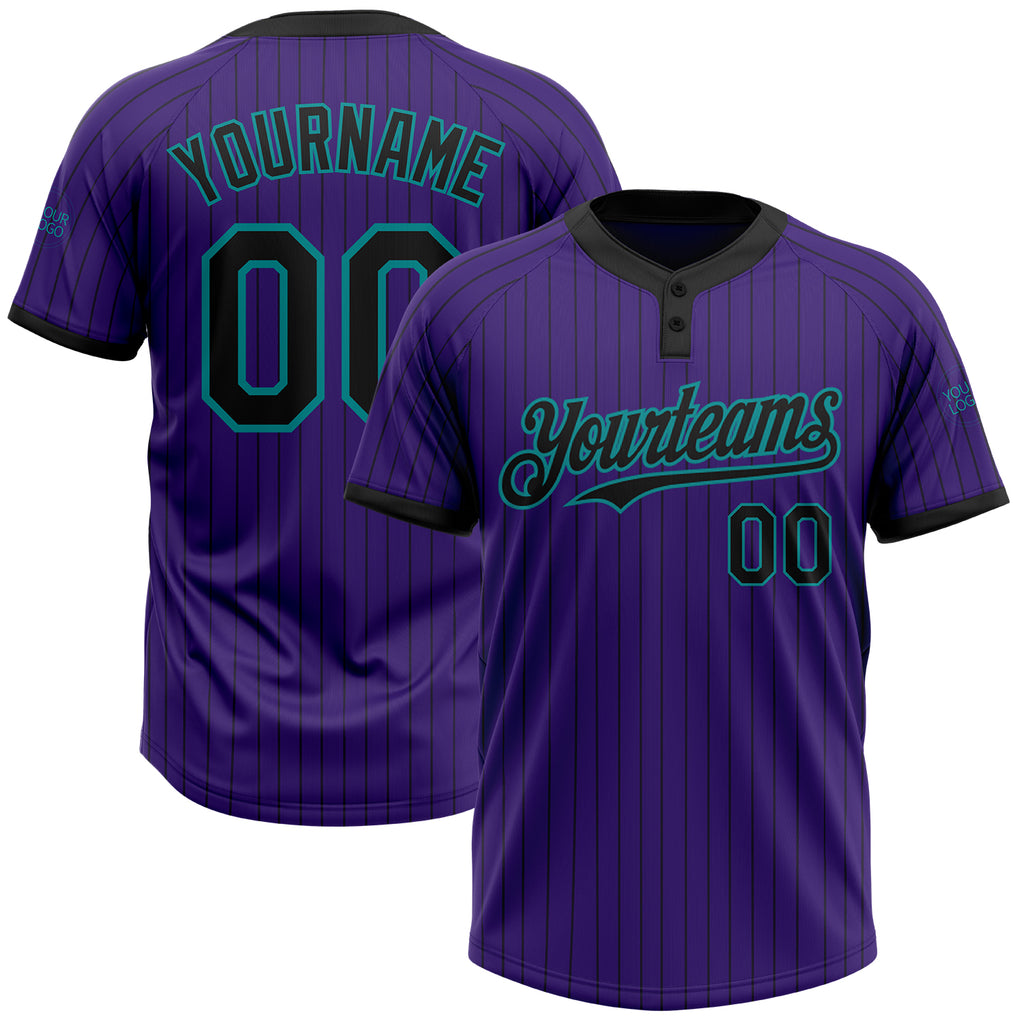 Custom Purple Black Pinstripe Teal Two-Button Unisex Softball Jersey