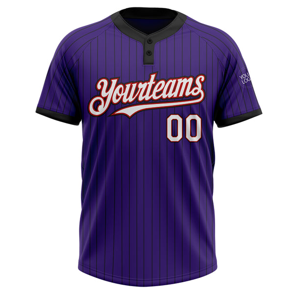 Custom Purple Black Pinstripe White-Red Two-Button Unisex Softball Jersey