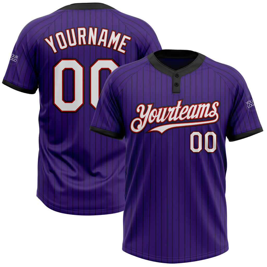 Custom Purple Black Pinstripe White-Red Two-Button Unisex Softball Jersey