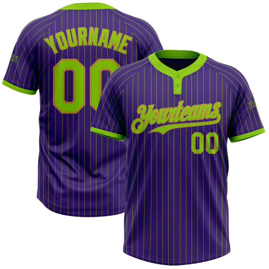 Custom Purple Neon Green Pinstripe Old Gold Two-Button Unisex Softball Jersey