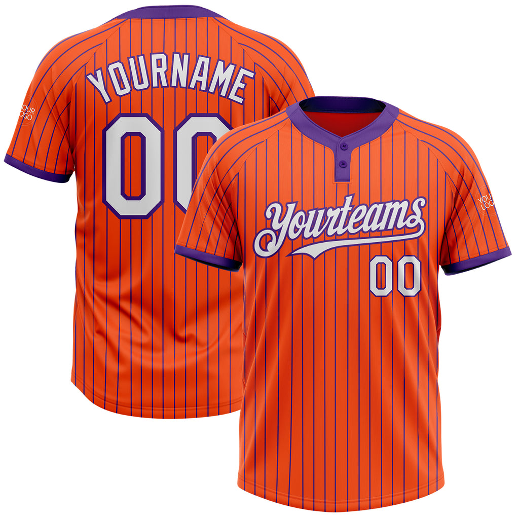 Custom Orange Purple Pinstripe White Two-Button Unisex Softball Jersey