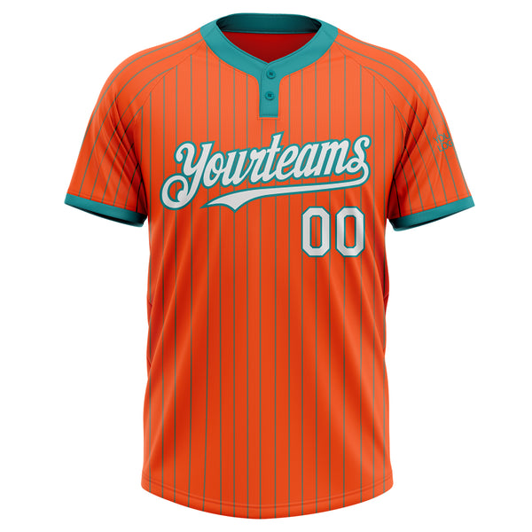 Custom Orange Teal Pinstripe White Two-Button Unisex Softball Jersey