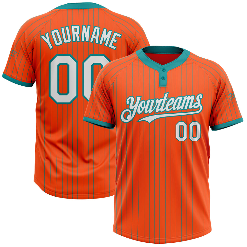 Custom Orange Teal Pinstripe White Two-Button Unisex Softball Jersey