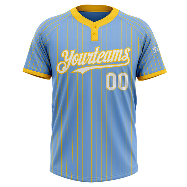 Custom Light Blue Yellow Pinstripe White Two-Button Unisex Softball Jersey