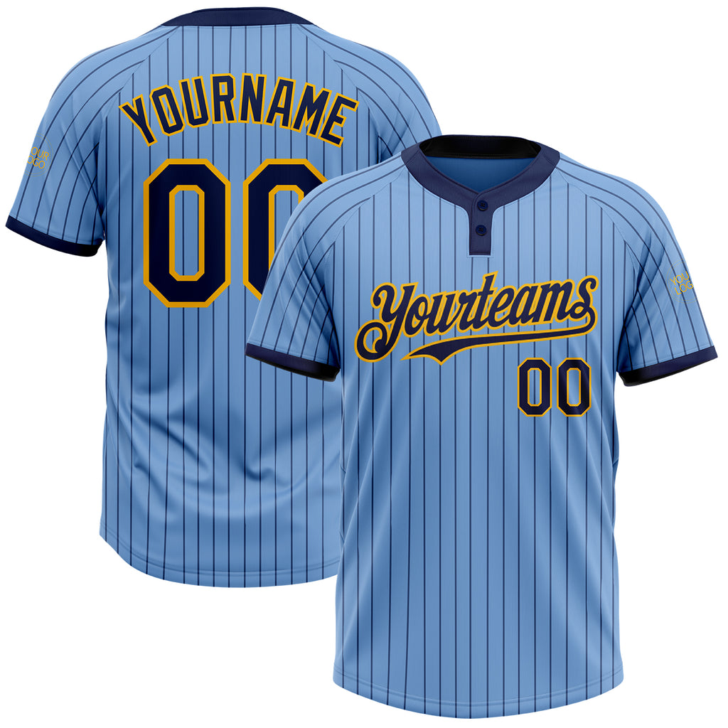 Custom Light Blue Navy Pinstripe Gold Two-Button Unisex Softball Jersey