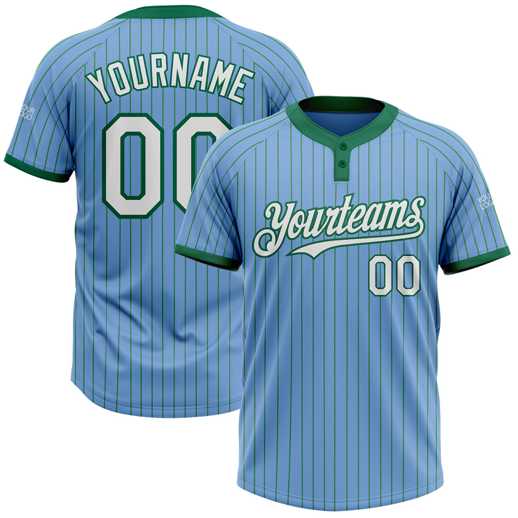 Custom Light Blue Kelly Green Pinstripe White Two-Button Unisex Softball Jersey