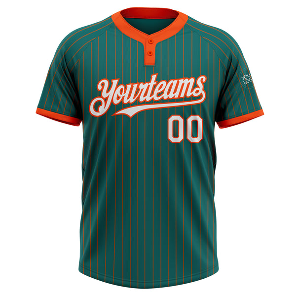 Custom Teal Orange Pinstripe White Two-Button Unisex Softball Jersey