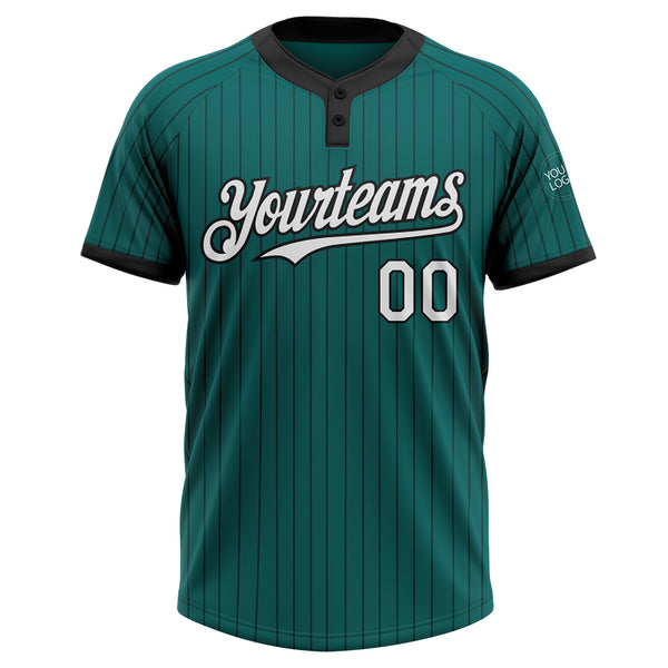 Custom Teal Black Pinstripe White Two-Button Unisex Softball Jersey