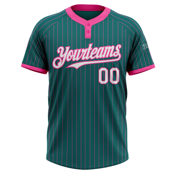 Custom Teal Pink Pinstripe White Two-Button Unisex Softball Jersey