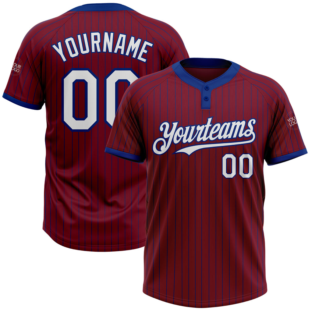 Custom Crimson Royal Pinstripe White Two-Button Unisex Softball Jersey