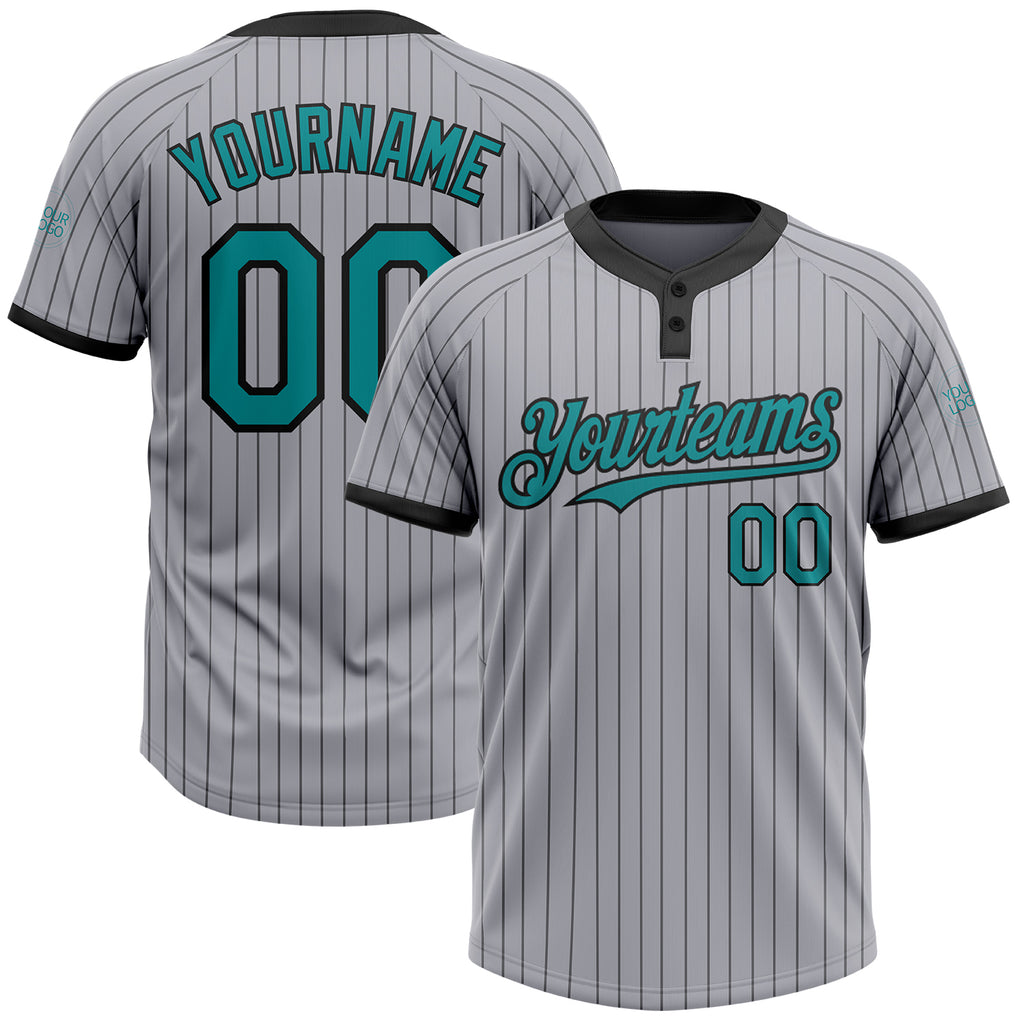 Custom Gray Black Pinstripe Teal Two-Button Unisex Softball Jersey