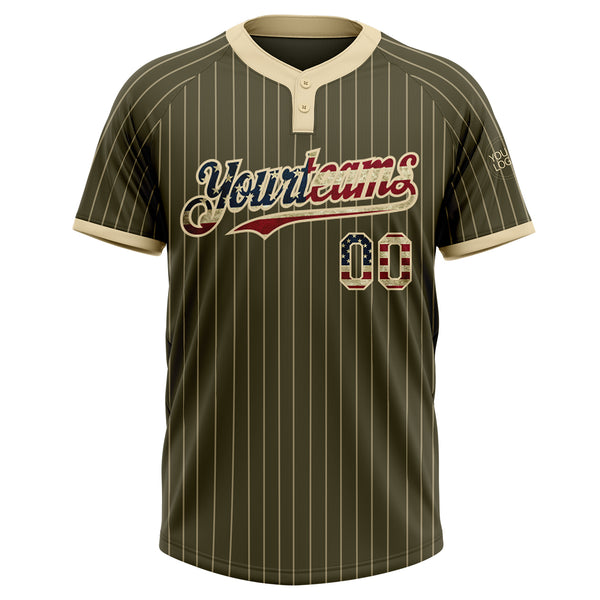 Custom Olive Cream Pinstripe Vintage USA Flag Salute To Service Two-Button Unisex Softball Jersey
