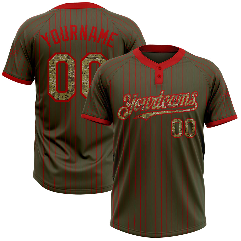 Custom Olive Red Pinstripe Camo Salute To Service Two-Button Unisex Softball Jersey