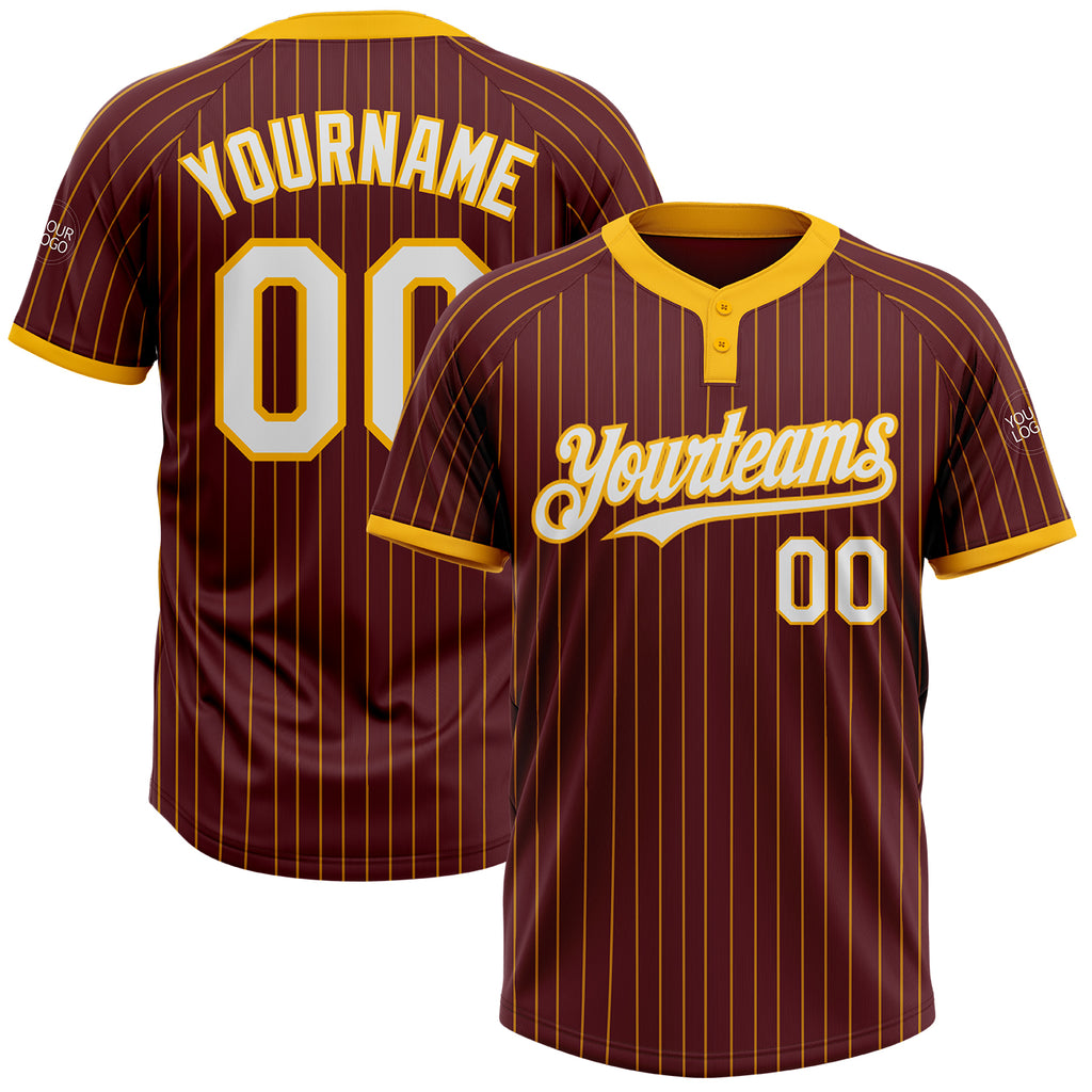 Custom Burgundy Gold Pinstripe White Two-Button Unisex Softball Jersey