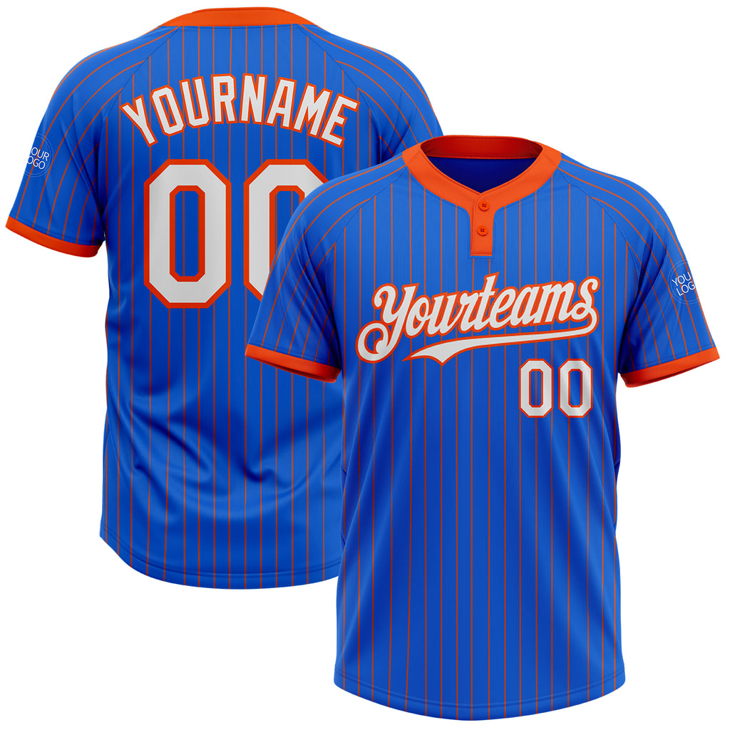 Custom Thunder Blue Orange Pinstripe White Two-Button Unisex Softball Jersey