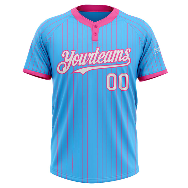 Custom Sky Blue Pink Pinstripe White Two-Button Unisex Softball Jersey