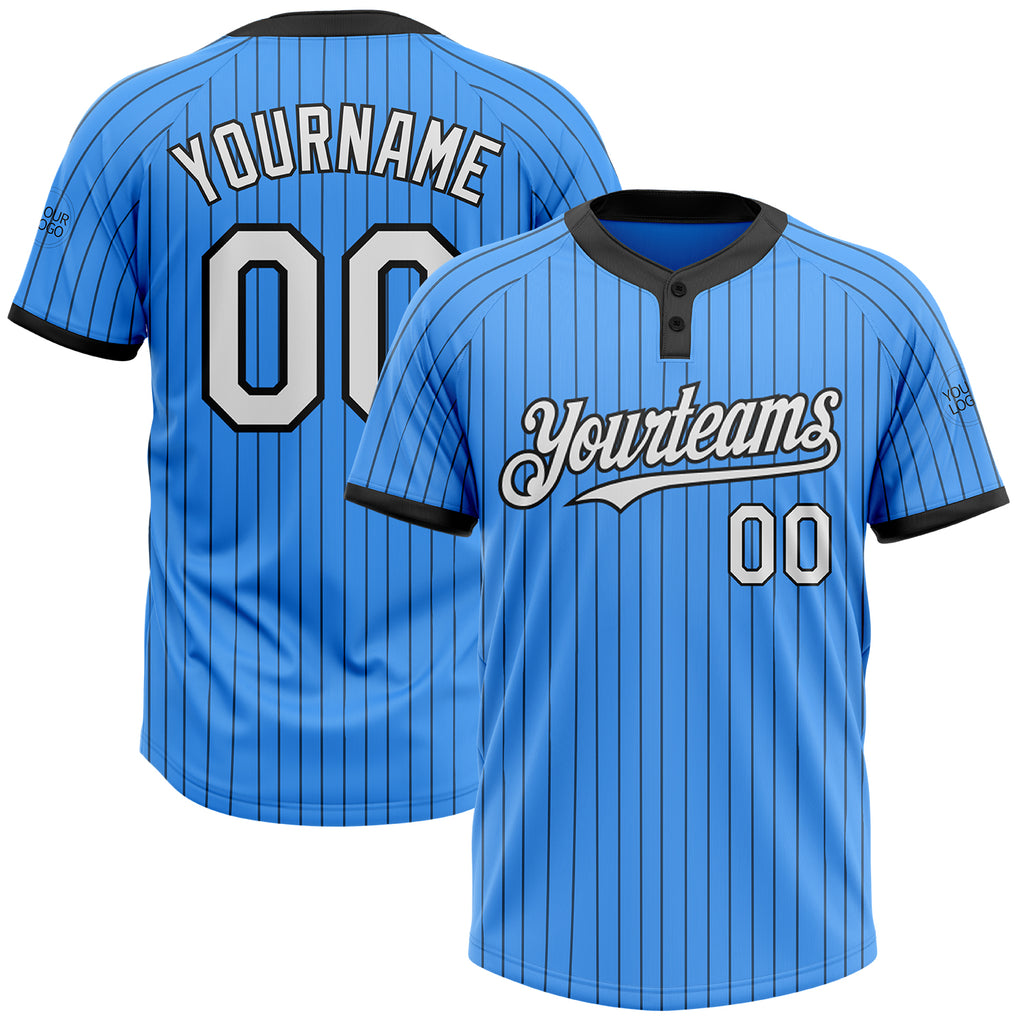 Custom Electric Blue Black Pinstripe White Two-Button Unisex Softball Jersey