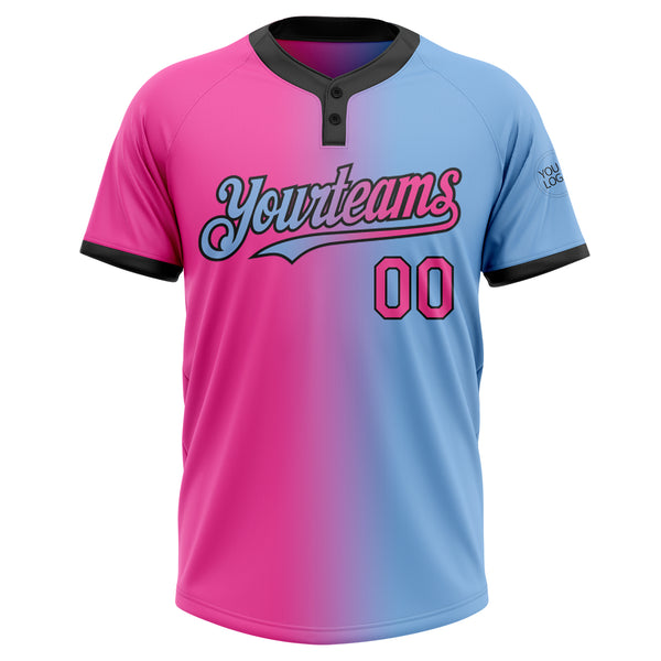 Custom Light Blue Pink-Black Gradient Fashion Two-Button Unisex Softball Jersey