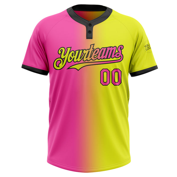 Custom Neon Yellow Pink-Black Gradient Fashion Two-Button Unisex Softball Jersey