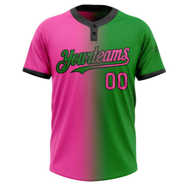 Custom Grass Green Pink-Black Gradient Fashion Two-Button Unisex Softball Jersey