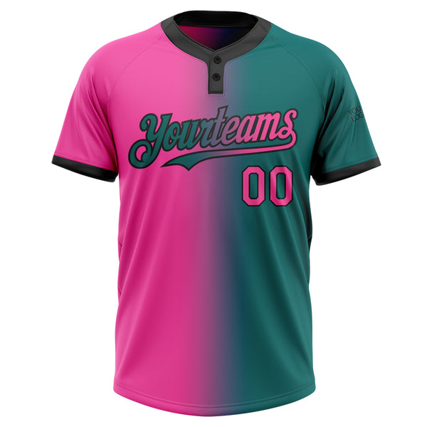 Custom Teal Pink-Black Gradient Fashion Two-Button Unisex Softball Jersey