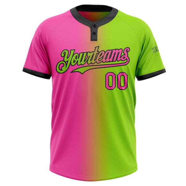 Custom Neon Green Pink-Black Gradient Fashion Two-Button Unisex Softball Jersey