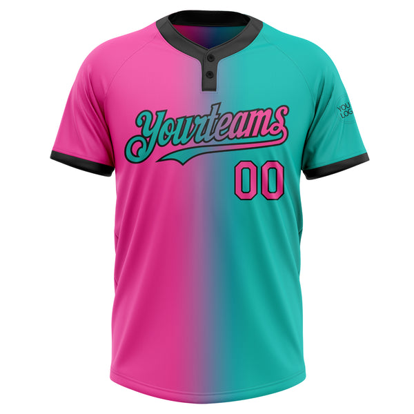 Custom Aqua Pink-Black Gradient Fashion Two-Button Unisex Softball Jersey