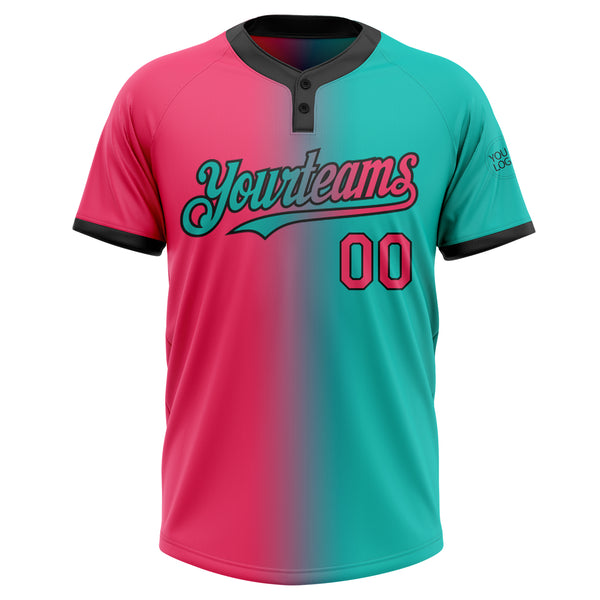 Custom Aqua Neon Pink-Black Gradient Fashion Two-Button Unisex Softball Jersey