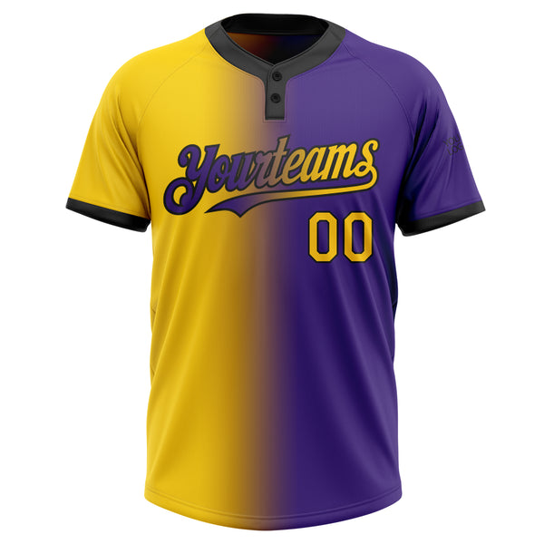 Custom Purple Yellow-Black Gradient Fashion Two-Button Unisex Softball Jersey