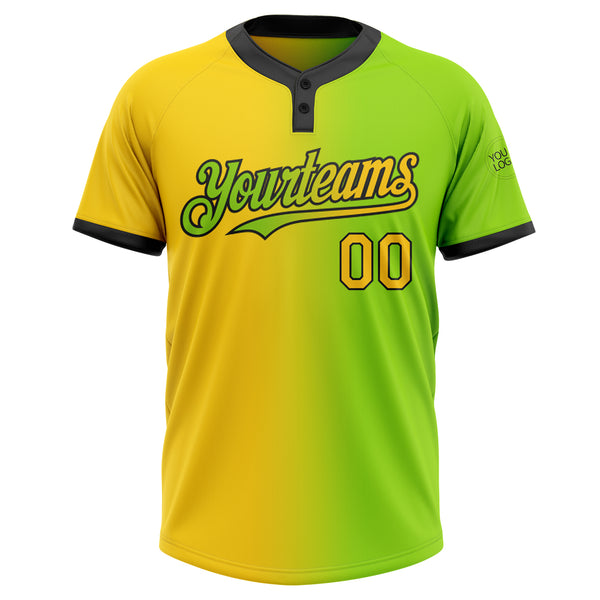 Custom Neon Green Yellow-Black Gradient Fashion Two-Button Unisex Softball Jersey