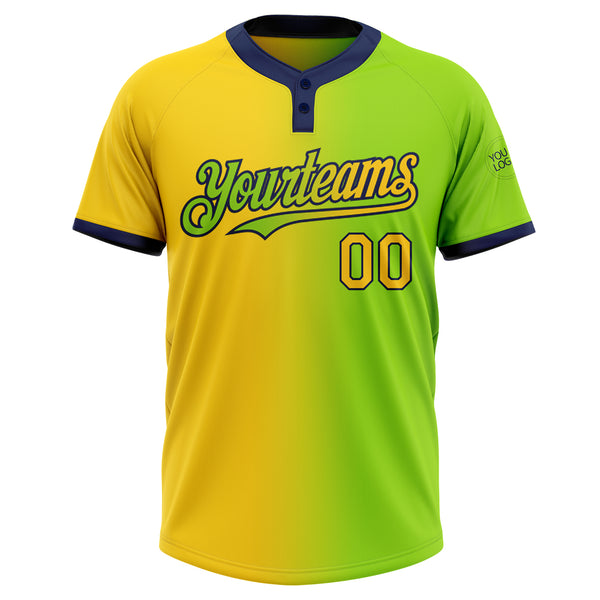 Custom Neon Green Yellow-Navy Gradient Fashion Two-Button Unisex Softball Jersey