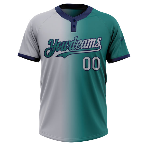 Custom Teal Gray-Navy Gradient Fashion Two-Button Unisex Softball Jersey